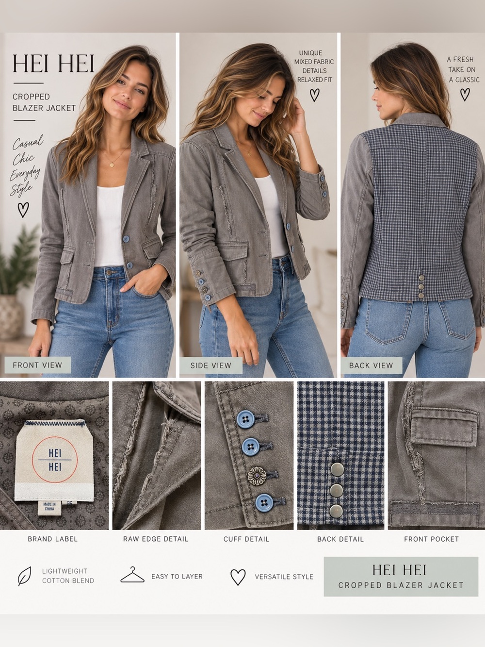 Hei Hei Gray Mixed Media Distressed Blazer Jacket
